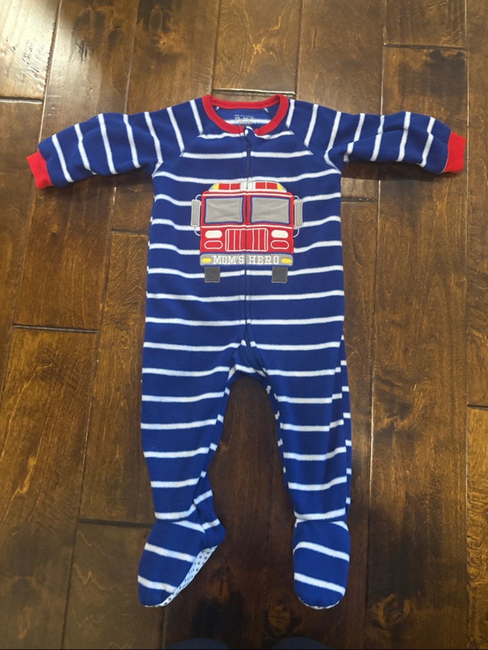 The Children's Place Blue and White Striped Fire Truck Footed One-Piece